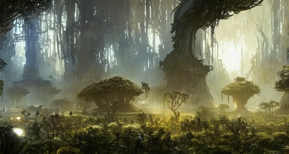 Image similar to Cyber space forest scene, Giant Aztec space city, fantasy, two moons lighting, intricate details ,by denis villeneuve, Ridley Scott, Greg Rutkowski and Alphonse Mucha