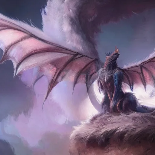 Image similar to furry fluffy iridescent dragon, by greg rutkowski, trending on artstation, detailed, intricate, elegent, cinematic, 4 k