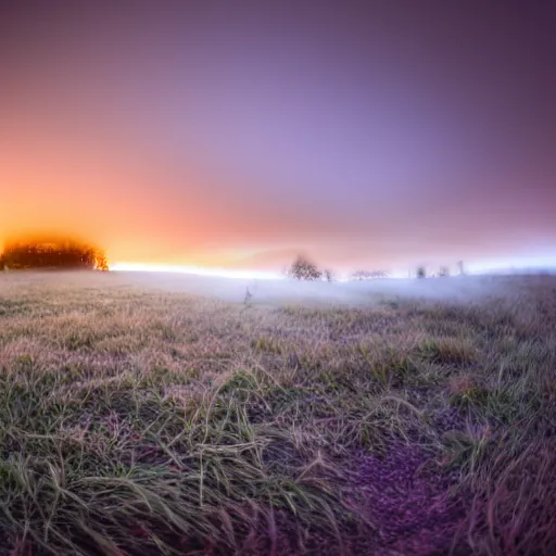 Prompt: a landscape through a macro lens, f1.4, sunrise, pinhole, long exposure