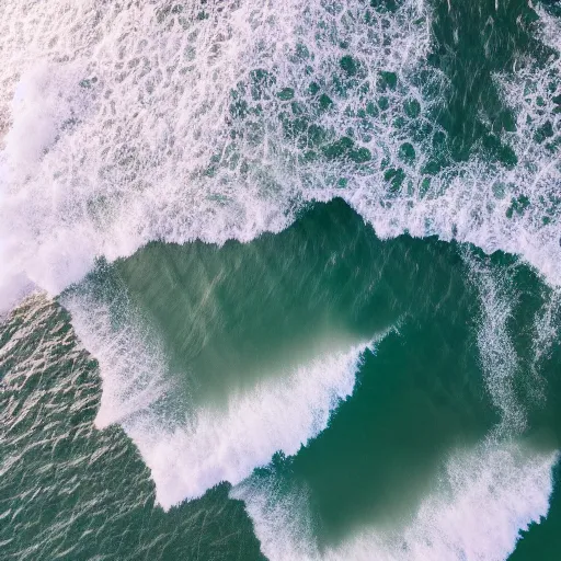 Image similar to waves hitting a cliff, beautiful ambient light, top down drone shot, 8k