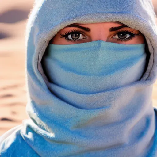 Image similar to female balaclava photography portrait, desert wind