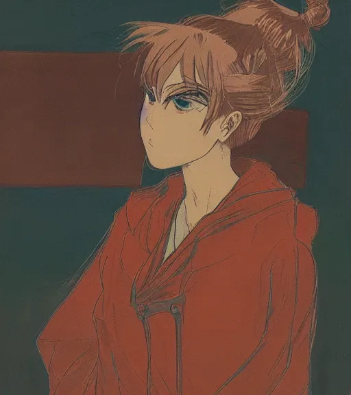 Prompt: amiet cuno painting of an anime woman, direct flash photography at night, film grain