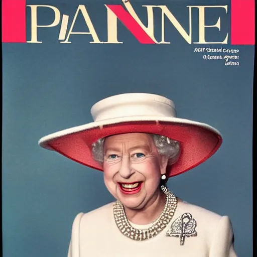 Prompt: magazine cover photo of Elizabeth II using pope's miter, pope hat, portrait photo by Slim Aarons in 1965 TIMES magazine cover photo, color