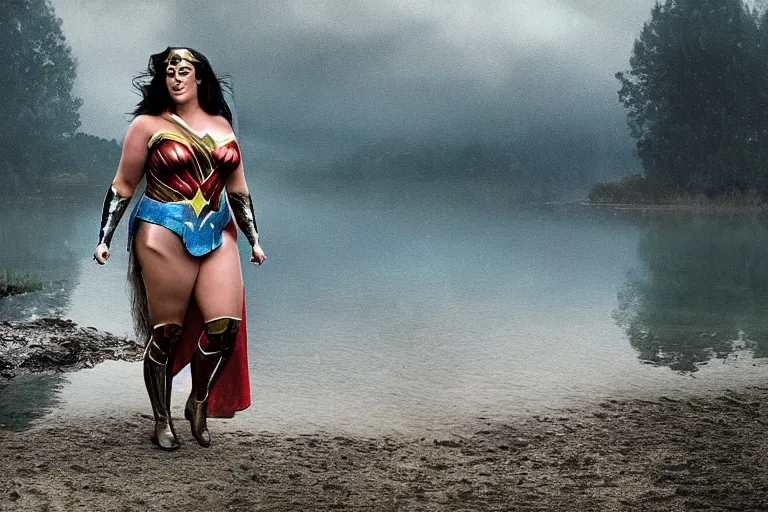 Image similar to a cinematic painting of gemma collins as wonderwoman near a lake on a rainy day, beautiful lighting, high depth, ultra realistic, artistic, by annie leibovitz