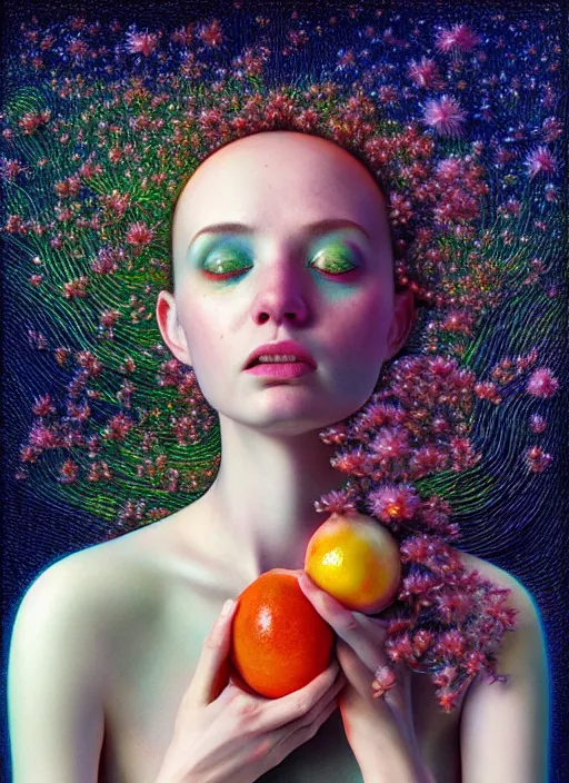 Prompt: hyper detailed 3d render like a Oil painting - Aurora (Singer) Eats of the Strangling Fruit and Her delicate Hands full of gossamer polyp blossoms bring iridescent fungal flowers whose spores black the foolish stars by Jacek Yerka, Mariusz Lewandowski, Houdini algorithmic generative render, Abstract brush strokes, Masterpiece, Edward Hopper and James Gilleard, Zdzislaw Beksinski, Mark Ryden, Wolfgang Lettl, hints of Yayoi Kasuma, octane render, 8k