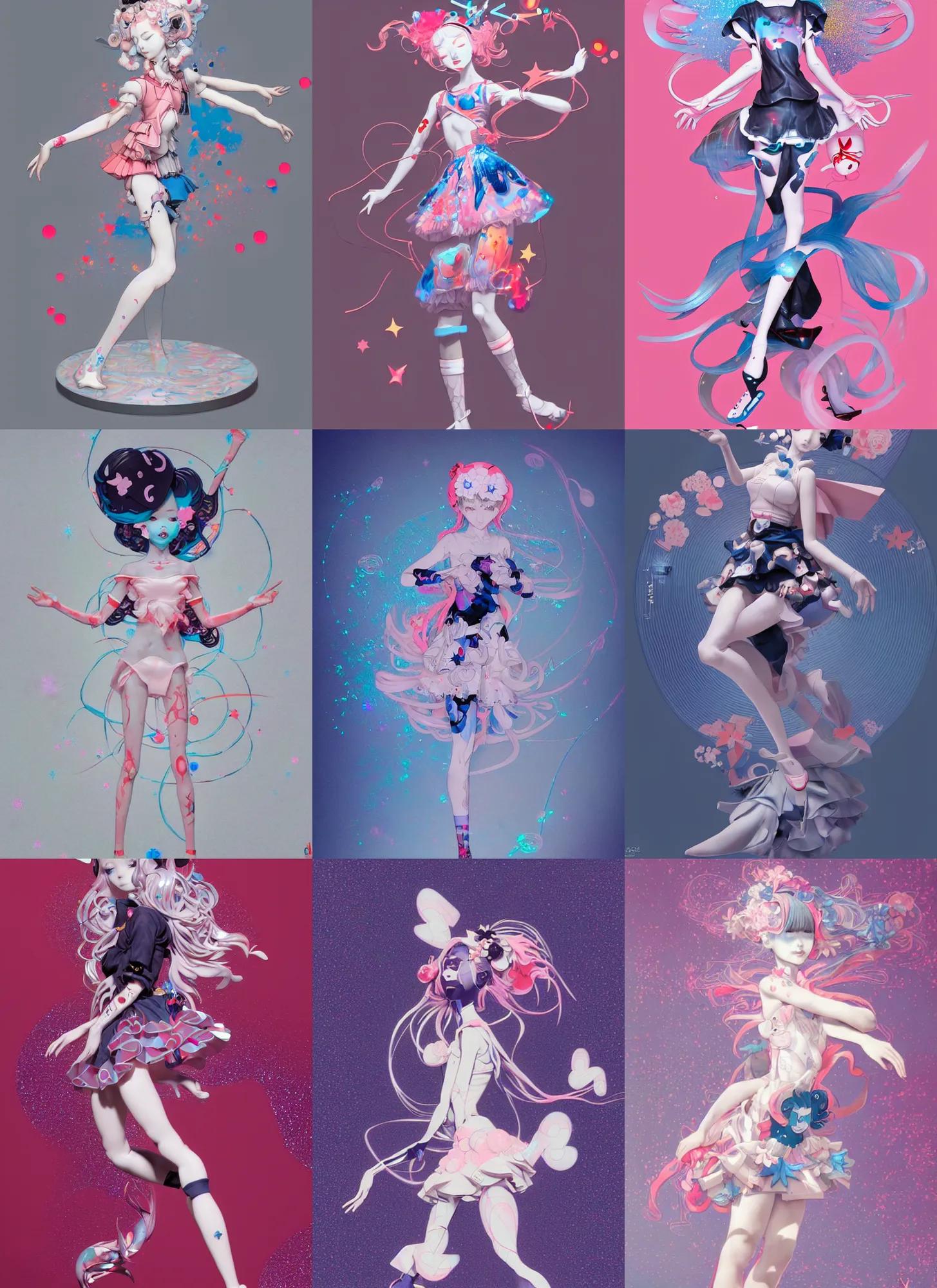 Prompt: james jean isolated vinyl figure harajuku magical girl character design, figure photography, dynamic pose, holographic undertones, motion shapes color design, glitter accents on figure, anime stylized, sharp focus, accurate fictional proportions, high delicate defined details, ethereal lighting