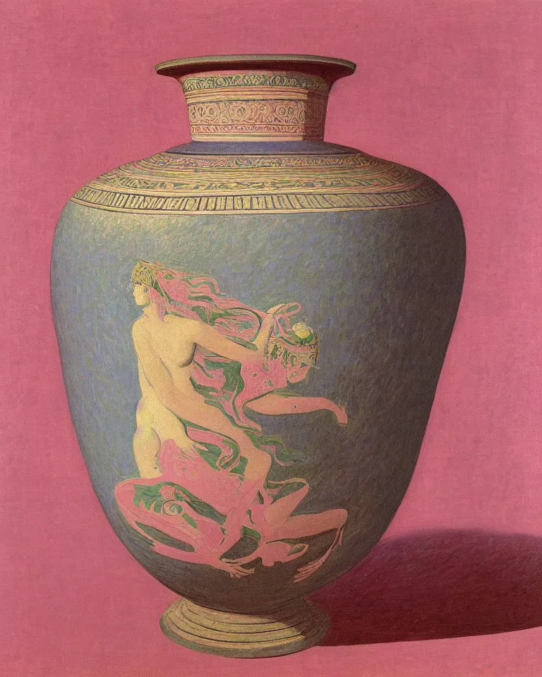 Image similar to achingly beautiful print of intricately painted ancient greek krater on a pink background by rene magritte, monet, and turner.