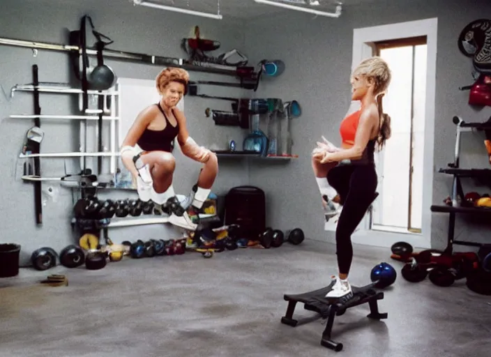 Image similar to 90's Photos, A beautiful woman is working out in the garage.