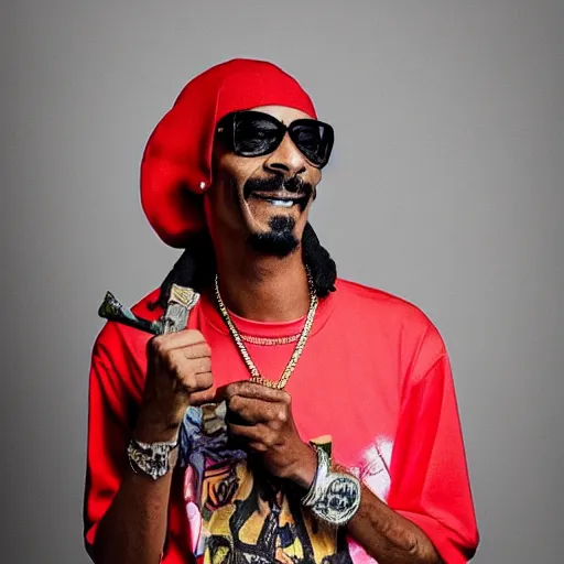 Image similar to Snoop Dog with big eyes eye color red , smiling and holding a joint in his hand