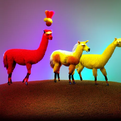 Image similar to 3 rainbow llamas standing around a crt monitor, 8 k