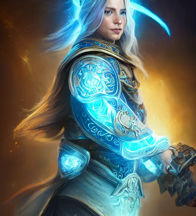 Image similar to Jaina Proudmore portrait, intricate arcane armor with glowing magical runes, flowing blue magical energy, subject in the middle of the frame, rule of thirds, golden ratio, elegant, digital painting, octane 4k render, zbrush, hyperrealistic, artstation, concept art, smooth, sharp focus, illustration from Warcraft by Ruan Jia and Mandy Jurgens and Artgerm and William-Adolphe Bouguerea