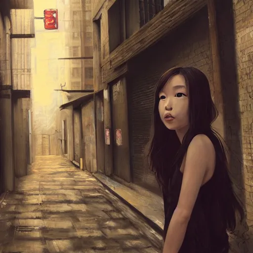 Image similar to a perfect, realistic professional oil painting of a Japanese schoolgirl posing in a dystopian alleyway, close-up, by a professional American senior artist on ArtStation, a high-quality hollywood-style concept