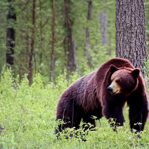 Prompt: it eating a bear in the woods. horror film photograph.