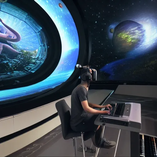 Image similar to a hyperrealistic 3D octane render of an elephant wearing an oculus rift and playing a keyboard inside of a dome planetarium with planets and galaxies, 8k, unreal engine, dramatic lighting, volumetric lighting, uplighting, ray tracing, photorealistic,