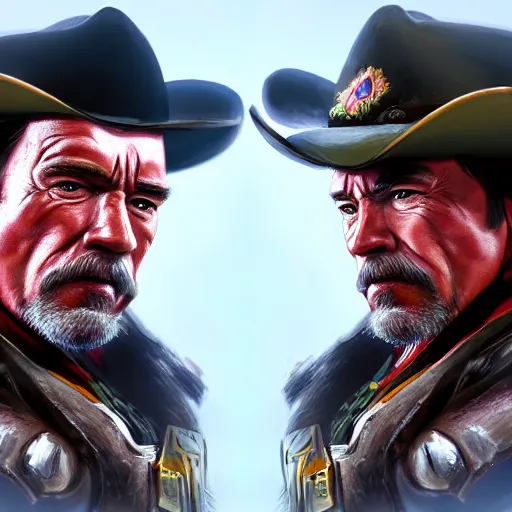 Image similar to a screenshot of arnold schwarzenegger as mccree in overwatch, portrait, fantasy, beautiful face, vivid colors, elegant, concept art, sharp focus, digital art, hyper - realistic, 4 k, unreal engine, highly detailed, hd, dramatic lighting by brom, trending on artstation