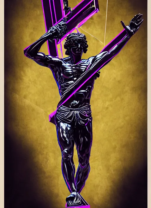 Image similar to elegant dark design poster showing a large greco roman statue of hermes, black background with very subtle red and purple design elements, bold, powerful, nekro, vito acconci, thin straight purple lines, dark, glitch art, neo vaporwave, gritty, layout frame, square, trending on artstation