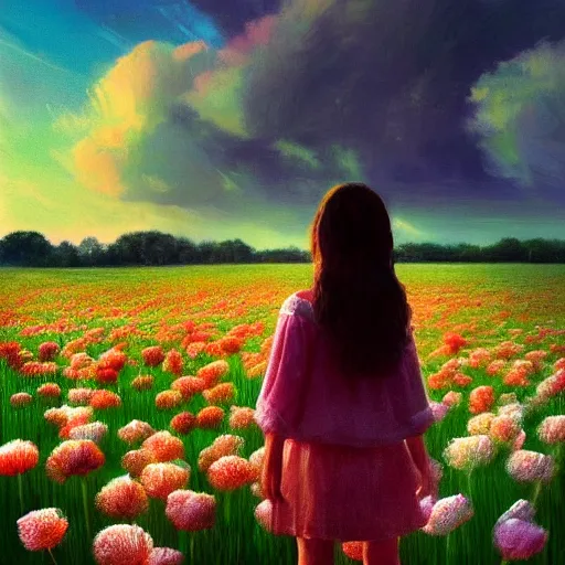 Image similar to face made of carnations flower, girl standing in a flower field, surreal photography, sunrise dramatic light, impressionist painting, colorful clouds, digital painting, artstation, simon stalenhag, flower face