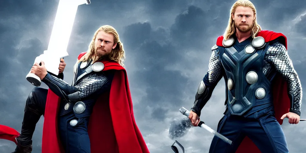 Image similar to Thor from the Avengers holding a toilet plunger instead of a hammer, cinematic pose