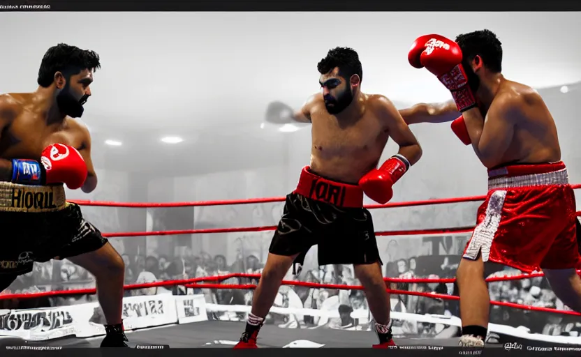 Prompt: landscape photography of a boxing match between rohit sharma & virat hohli in the ring, ultra realistic, highly detailed, canon 3 5 mm photography