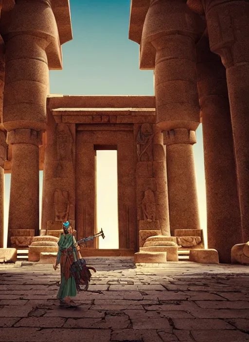 Prompt: the emerald herald at a Egyptian desert temple gate, hidari, color page, tankoban, 4K, tone mapping, Akihiko Yoshida.