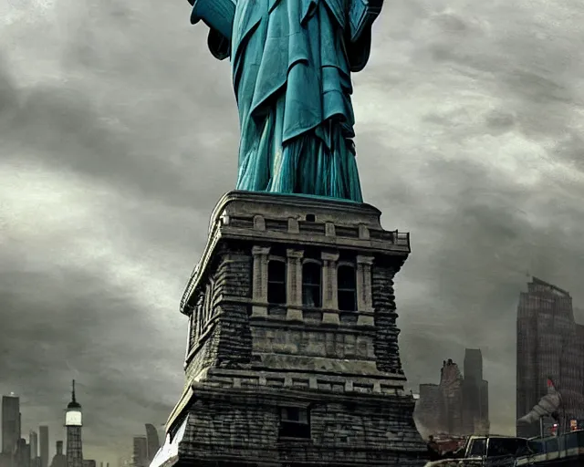 Image similar to Donald Trump attcking the Statue of Liberty in Manhattan, post apocalyptic New York, craig mullins, dramatic lighting, very detailed