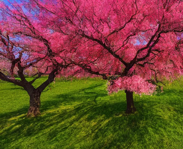 Image similar to 4 k hd, high detail photograph of blossoming tree in land on fire, shot with sigma f / 4. 2, 2 5 0 mm sharp lens, wide shot, consistent, volumetric lighting, high level texture render