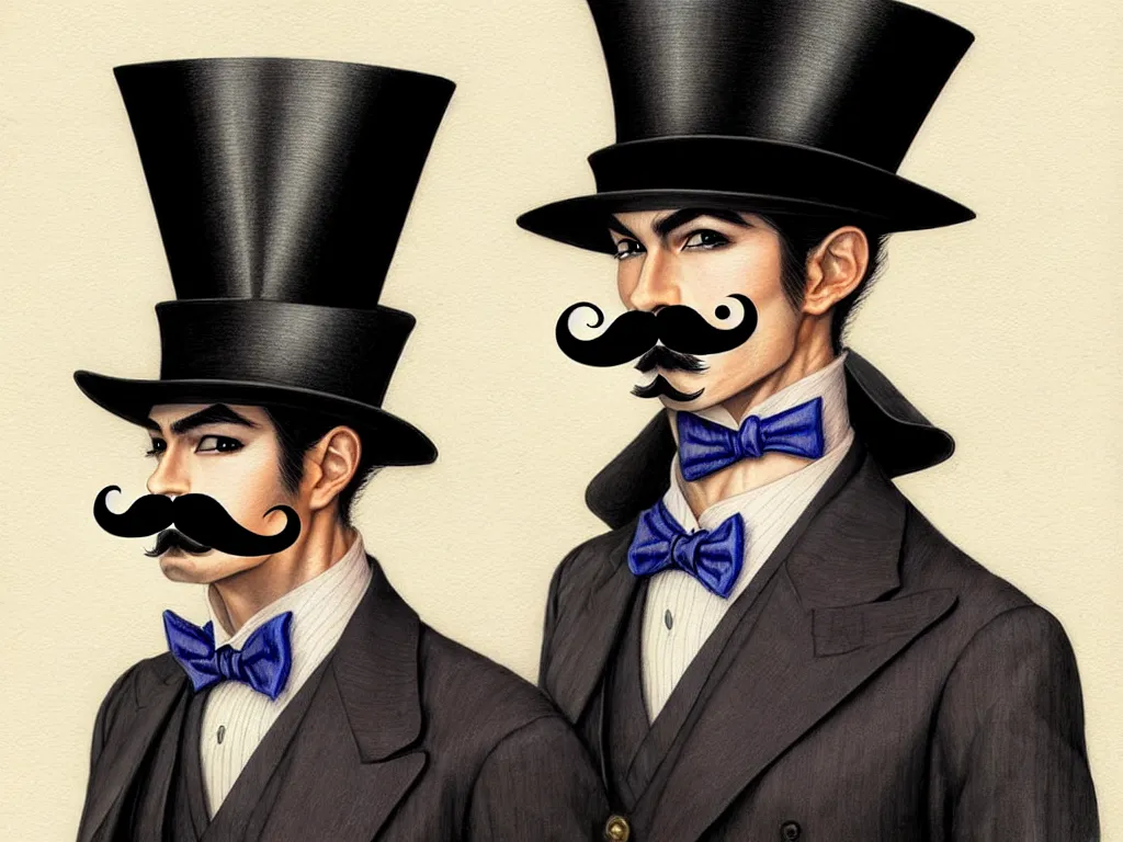 Prompt: suited tophat moustache french duelist gentleman. intricate, vibrant, accurate, refined, vivid inks, portrait concept illustration by greg staples scott m fischer zhenyu liu terese nielsen stanley lau shingo matsunuma.