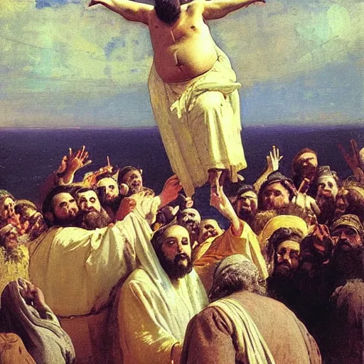 Image similar to morbidly obese jesus floating above a crowd of onlookers, by ilya repin