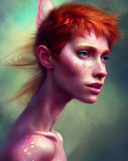 Prompt: female pixie, perfect face, thin wings, pink halter top, ginger hair, abs, cinematic, freckles, stunning, athletic, strong, agile, highly detailed, psychedelic, digital painting, artstation, smooth, hard focus, illustration, art by jessica rossier and and brian froud