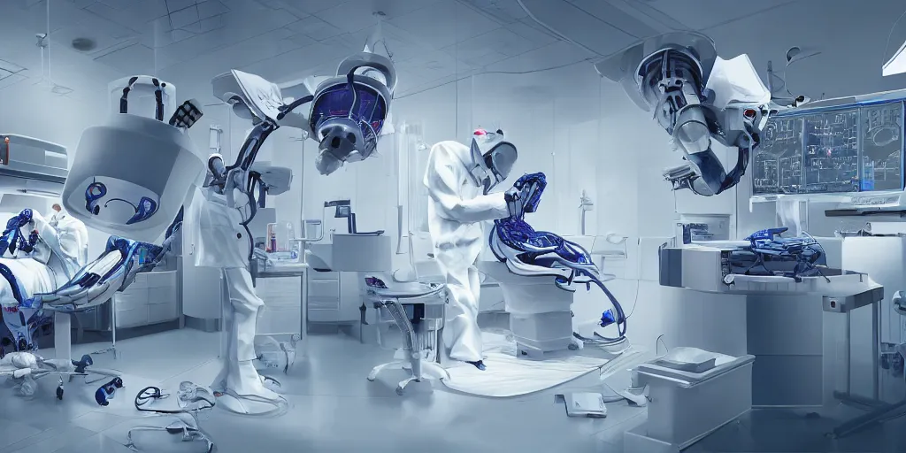 Image similar to an organ transplant in an operating room with robotic surgeons , photorealistic,by Wlop,4k resolution