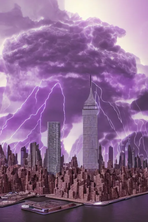 Prompt: of a cave with a miniature futuristic photo - realistic new york city with mirror windows : 4, the statue of liberty : 5, highly symmetrical, balanced, purple lightning clouds : 4, octane render, violet sun : 4, in the style of sahm : 3, hd, ultra - realistic