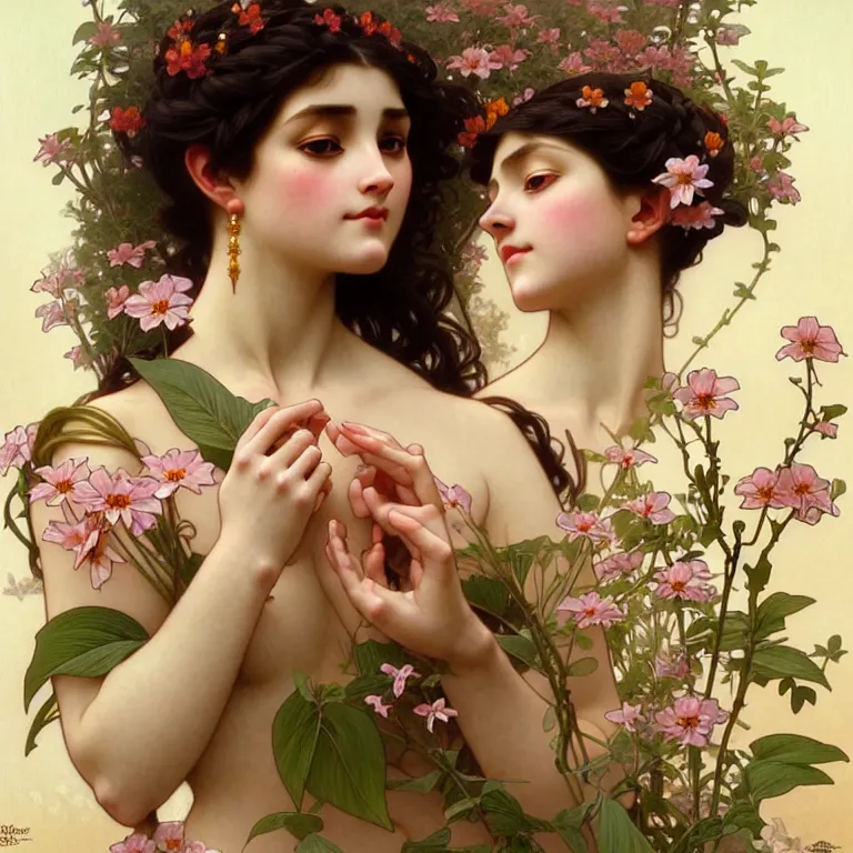 Prompt: a wonderful goddess with a body of beautiful flowers, intricate, elegant, highly detailed, wonderful eyes, cute, digital painting, artstation, concept art, smooth, clear focus, illustration, art by artgerm and greg rutkowski, alphonse mucha and william - adolphe bouguereau