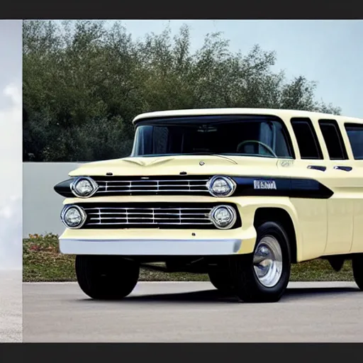 Prompt: 1960 Ford Pickup and 2015 Chevy Tahoe mixed into one SUV, Retro Aesthetic with Modern Features, Advanced Automobile, Premium SUV, 4K, Photo