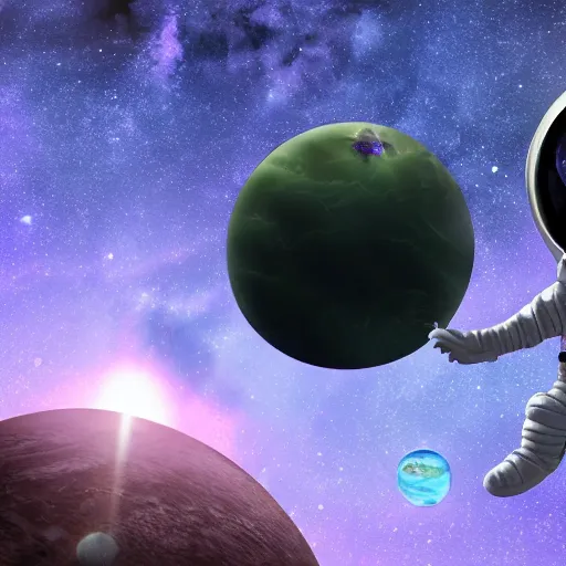 Image similar to lonely astronaut in alien planet filled with plants, with beautiful purple sky, realistic, 4 k, ultra hd