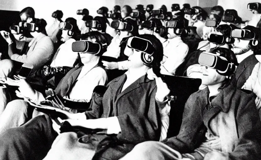 Image similar to 1 9 0 0 s photo of people using iphones ipods virtual reality headsets vr in a movie theater masterpiece