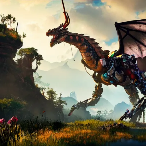 Image similar to cinematic still of horizon zero dawn, intact si - fi robotic fantasy dragon, highly detailed