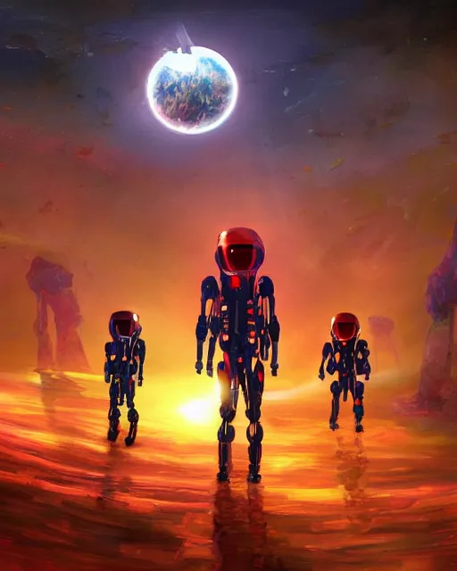 Image similar to A colorful painting of humanoid Aliens of the Sun on a space planet environment with futuristic vehicles, inspired by Keith Mallett, digital art, extremely moody lighting, glowing light and shadow, atmospheric, shadowy, cinematic