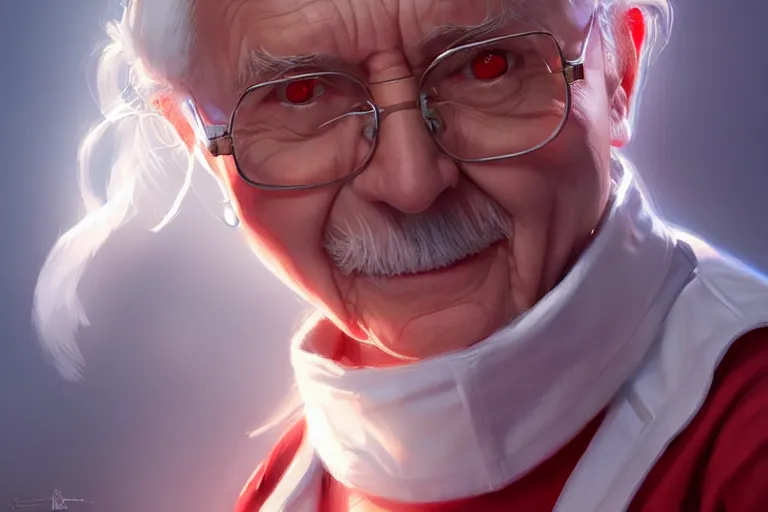 Image similar to a cute female doctor in a white coat, an old man with red t - shirt, cinematic, highly detailed, digital painting, artstation, concept art, matte, sharp focus, illustration, art by artgerm and greg rutkowski