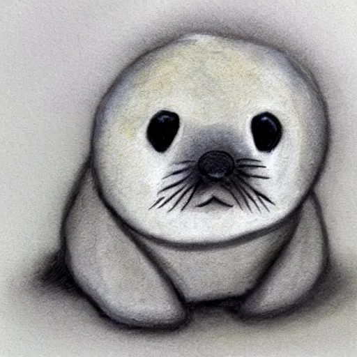 Prompt: a baby harp seal on trial for murder, courtroom sketch