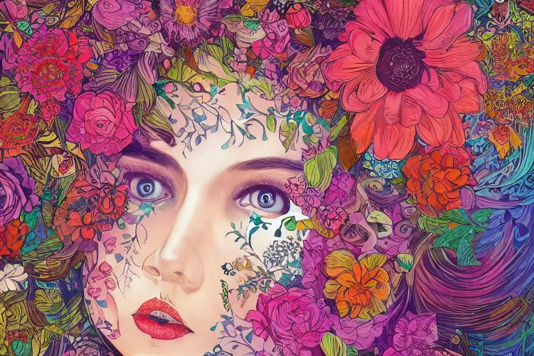 Prompt: a painting of a beautiful young girl with a lot of flowers and plants on its head, poster art by android jones, behance contest winner, generative line art, made of flowers, grotesque, concert poster