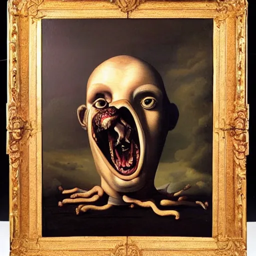 Image similar to oil painting with black background by christian rex van dali todd schorr of a chiaroscuro portrait of an extremely bizarre disturbing mutated man with acne intense chiaroscuro obscuring features lighting perfect composition masterpiece