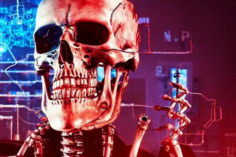 Prompt: terminator skeleton, computers on background. high detail, low saturated red and blue light, cinematic colors