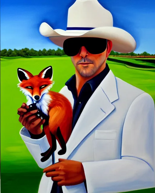 Prompt: oil painting portrait of anthropomorphic fox animal wearing a white suit, white cowboy hat, and reflective sunglasses, smoking cigar, fox animal, golf course in background, reflective aviator sunglasses, oil painting,