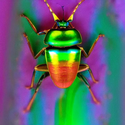 Image similar to color photoelectron microscope view of a colorful iridescent bug