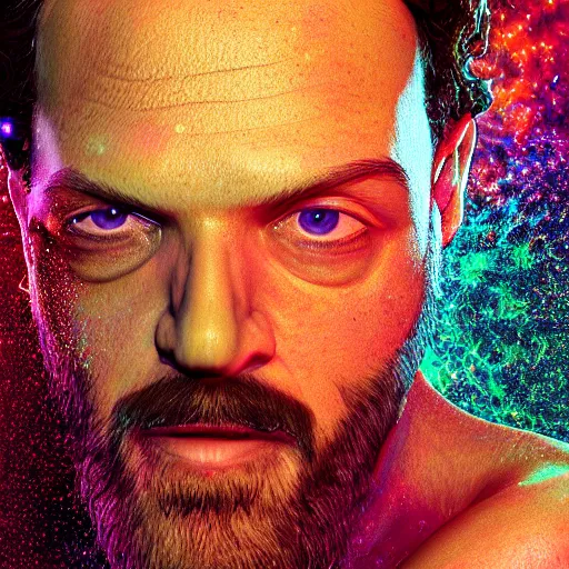 Prompt: terence McKenna modeling seductively with psychedelic mushrooms, psychedelic, cinematic lighting, dramatic, octane render, full body, trending on artstation, perfect facial symmetry, bokeh, 8k, hyper detailed
