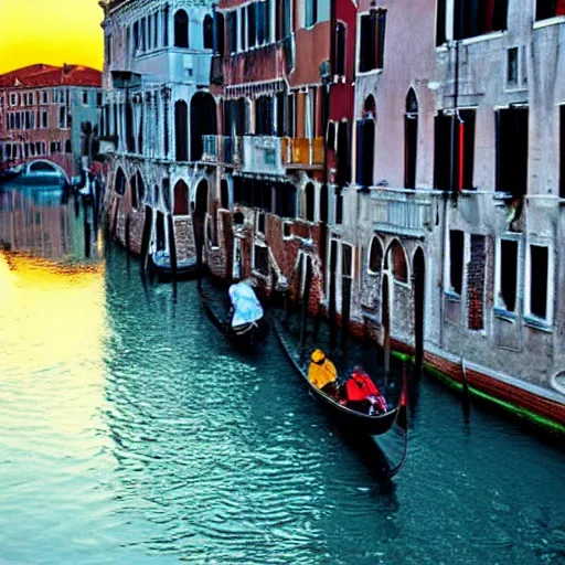 Image similar to A beautiful backlight sunset scene of historic Venice with gondola and reflective water in the style of Johannes Vermeer