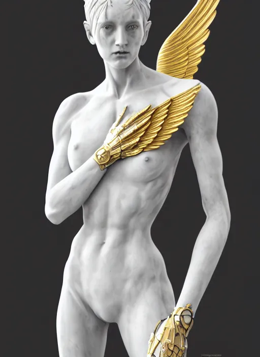 Image similar to a statue made of white marble with gold veins, of an beautiful gorgeous futuristic cybernetic angel girl, prostheses, transhumanism, full body shot, perfect symmetrical body, perfect symmetrical face, hyper realistic, hyper detailed, by johannen voss, by peter kemp, by monia merlo, by michelangelo, octane render, blender, 8 k