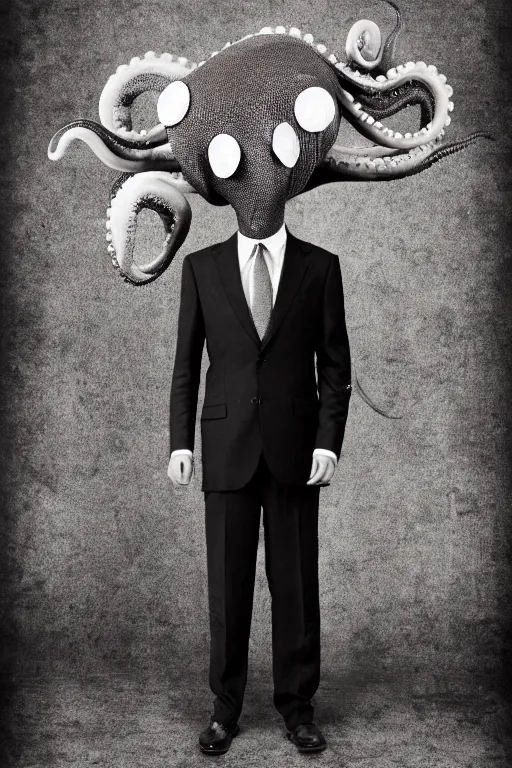 Image similar to octopus headed man, vintage full body portrait of an octopus headed man in a suit, sepia
