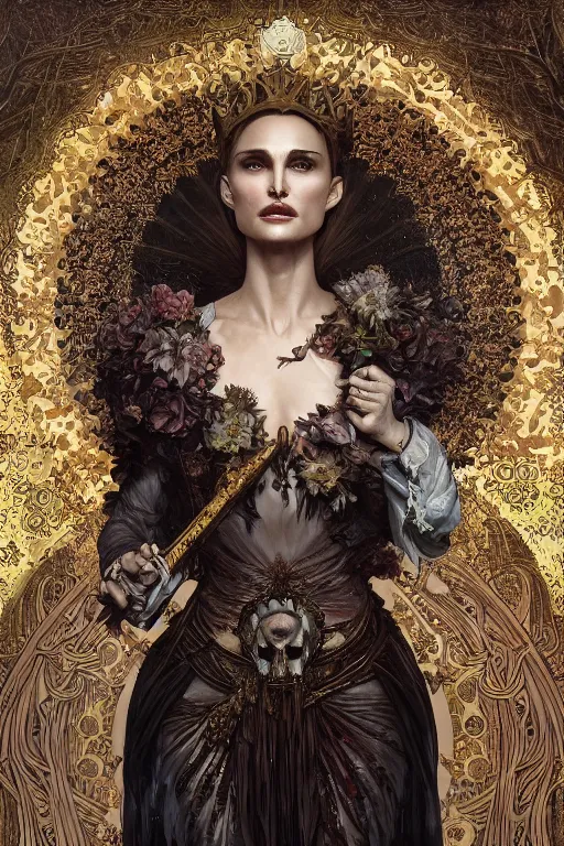 Image similar to natalie portman as queen of the undead, painted by nekro, alphonse mucha, dark - fantasy, intricate detail, artstation, cgsociety, rococo, gold leaf art