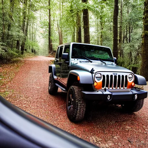 Image similar to a view from the driver side of a jeep wrangler in the woods, 4k, high detail, high-resolution photograph, professional photography, ultra-detail